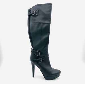 G by Guess Black High Heeled Leather Boots Knee High Buckle 6.5 M barely used